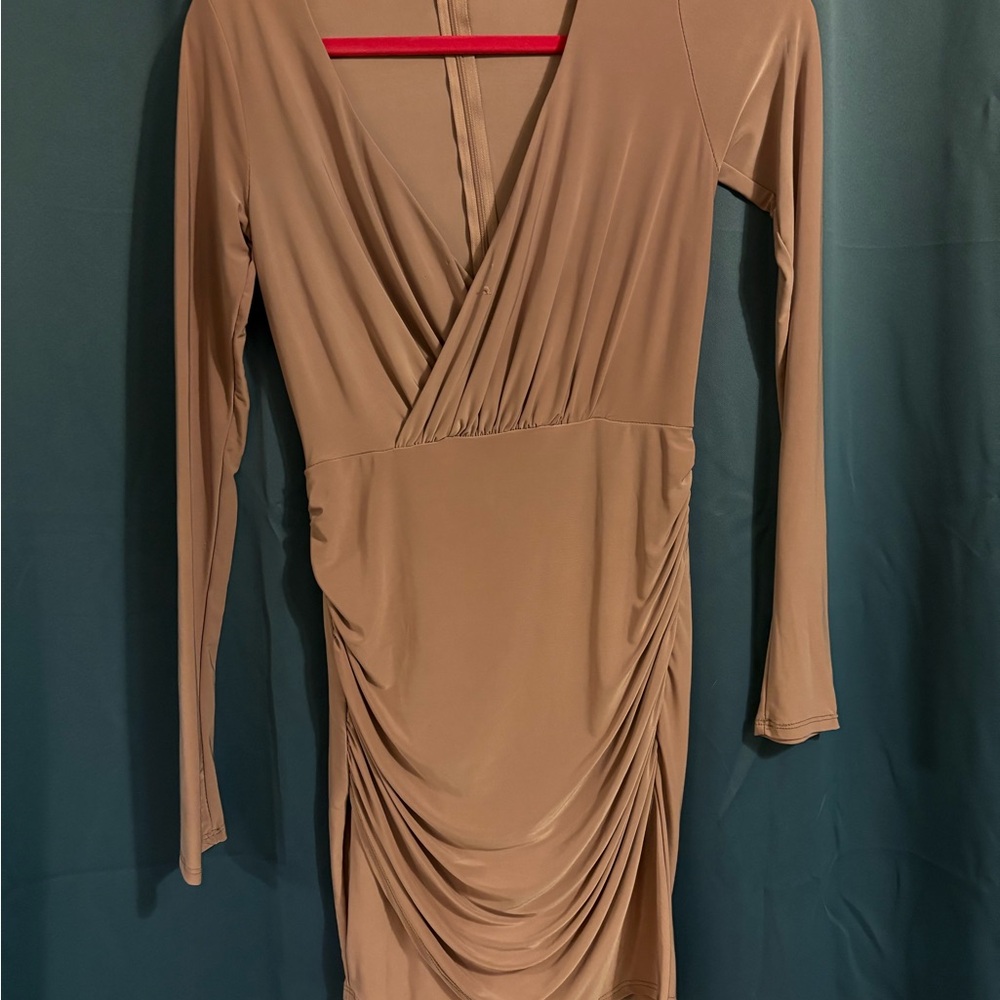 Fashion Nova Tan Ruched Wrap Bodycon Dress